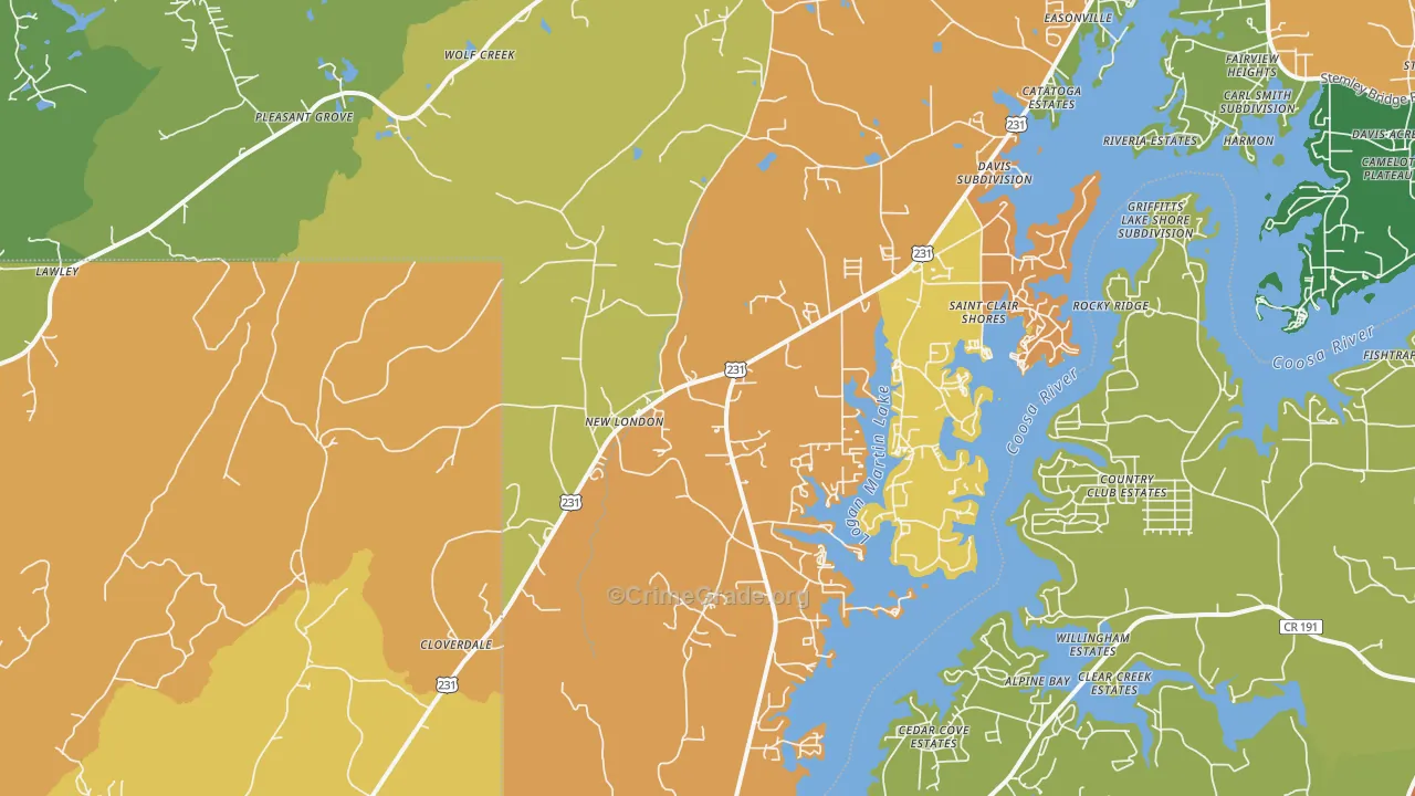 New London, AL Map of Theft Rates