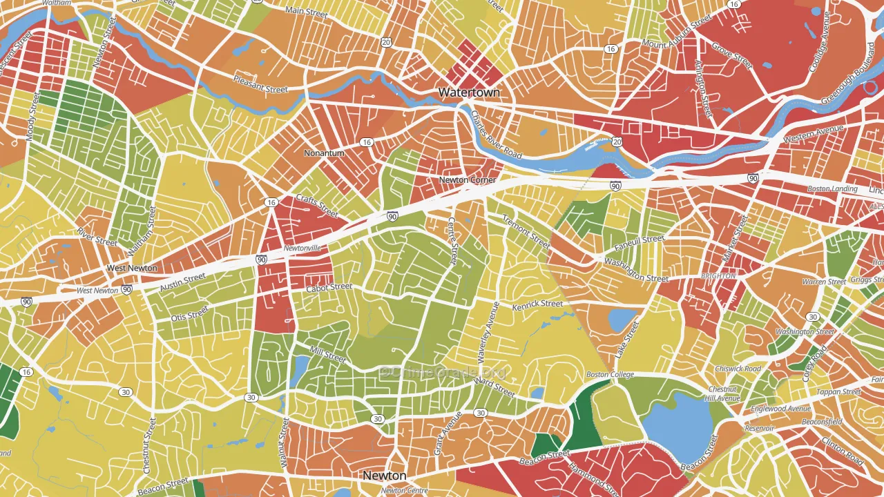 Newton Corner, Newton, MA Map of Theft Rates
