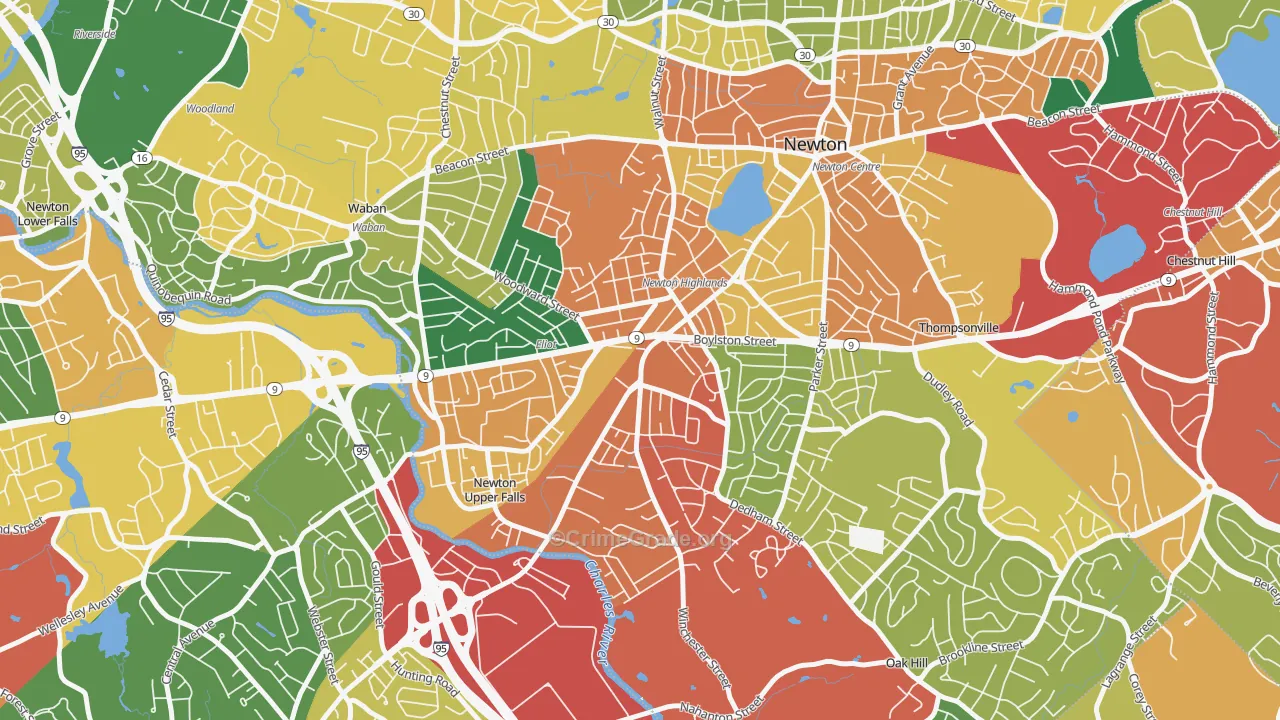 Newton Highlands, MA Map of Theft Rates