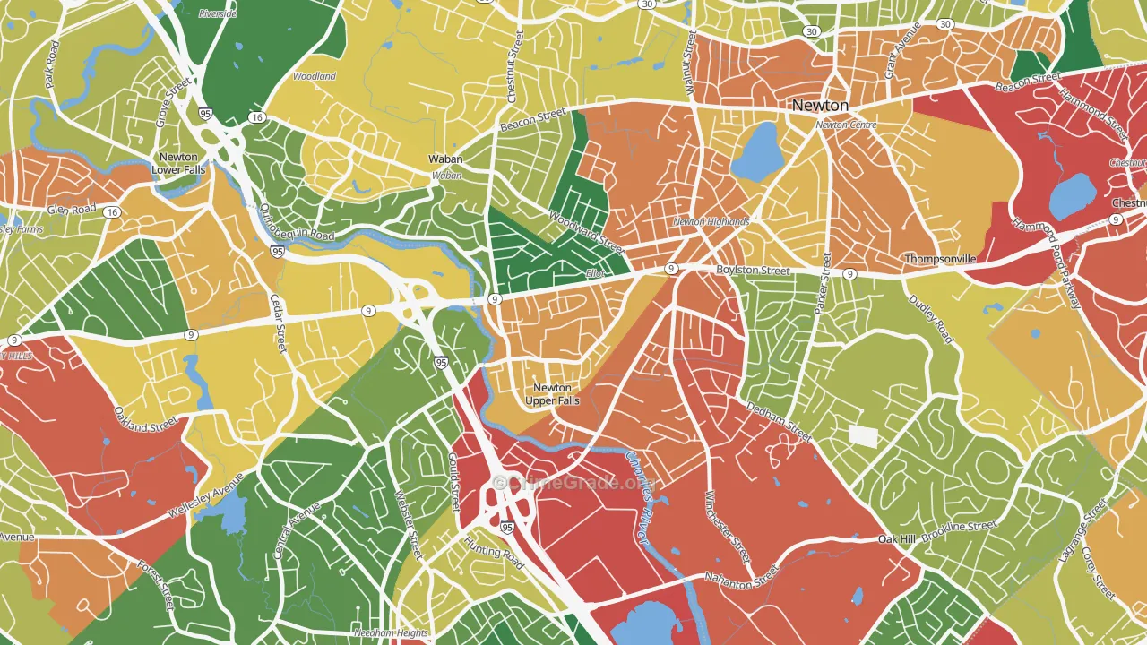 Newton Upper Falls, MA Map of Theft Rates