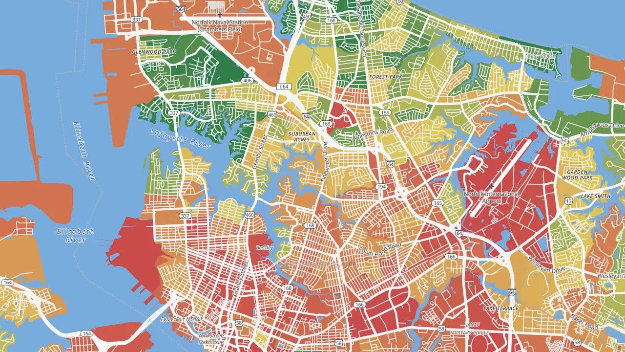 Norfolk City, VA Map of Theft Rates