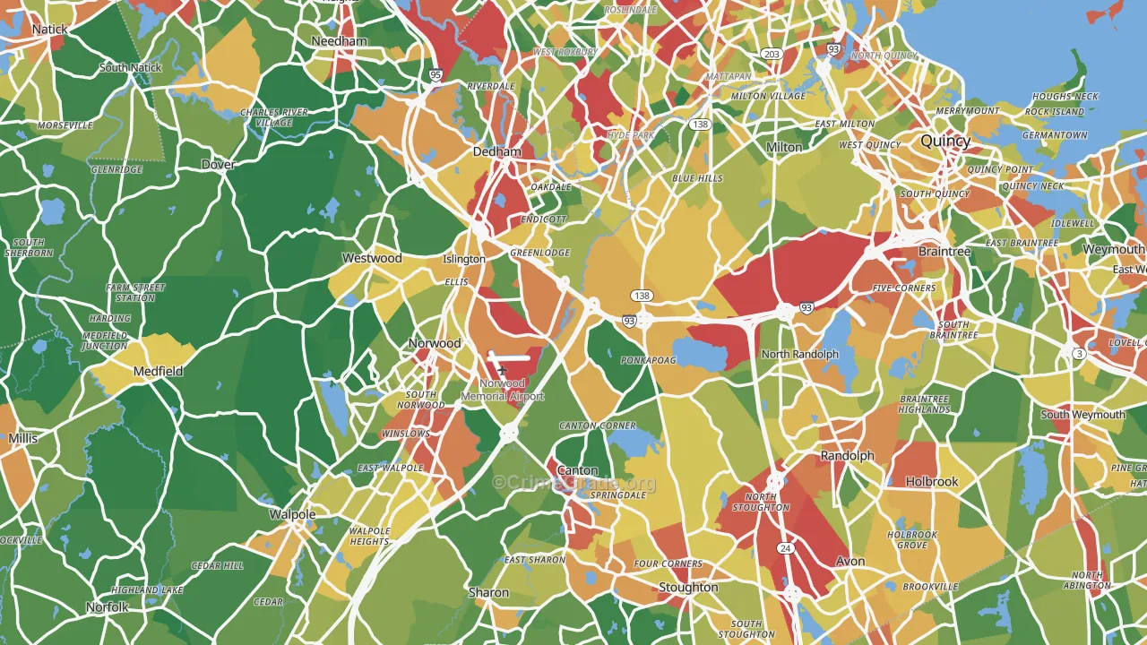Norfolk County, MA Map of Theft Rates