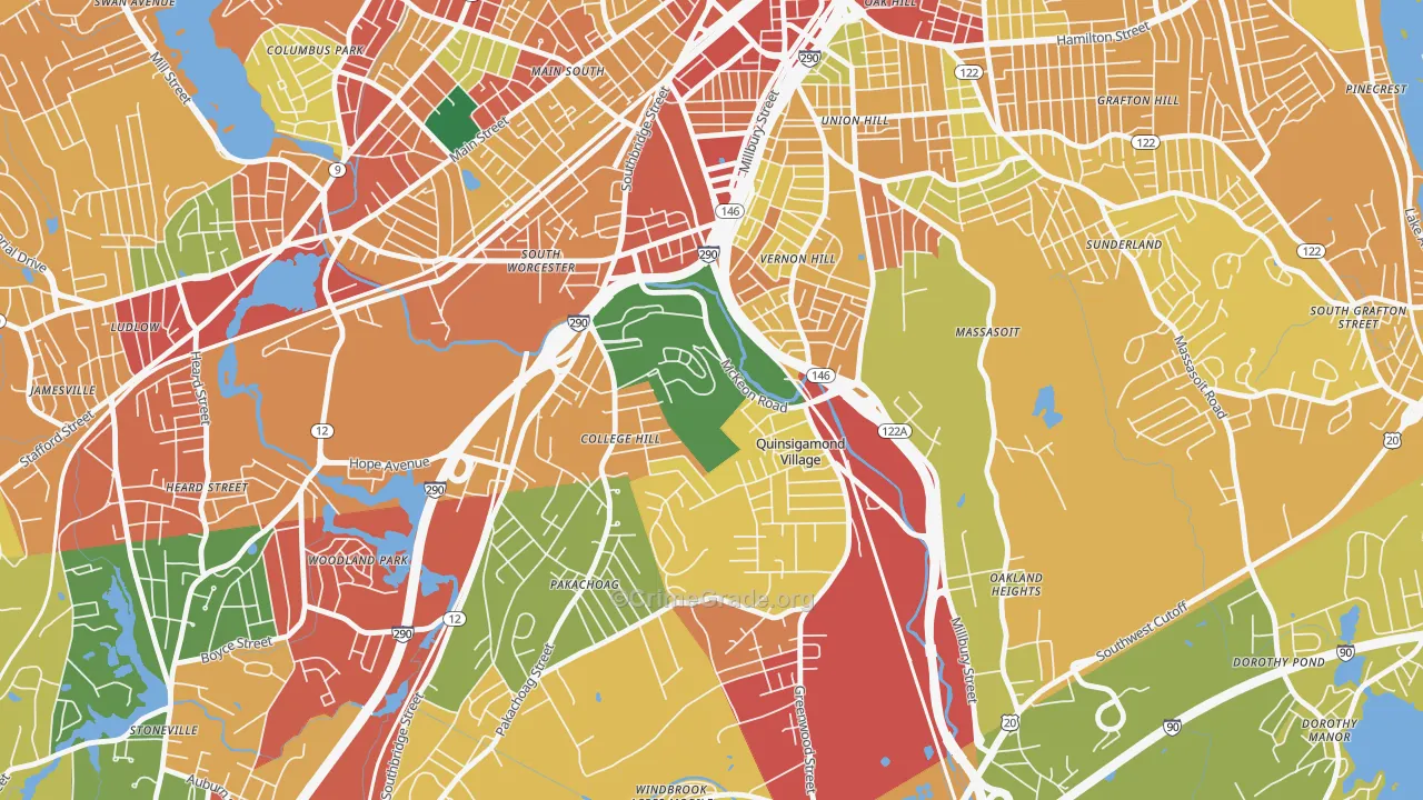 North Quinsigamond Village, Worcester, MA Map of Theft Rates