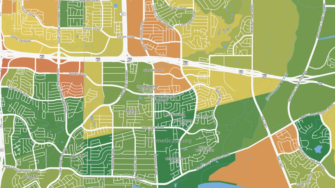 North Westchester Meadows, Grand Prairie, TX Map of Theft Rates