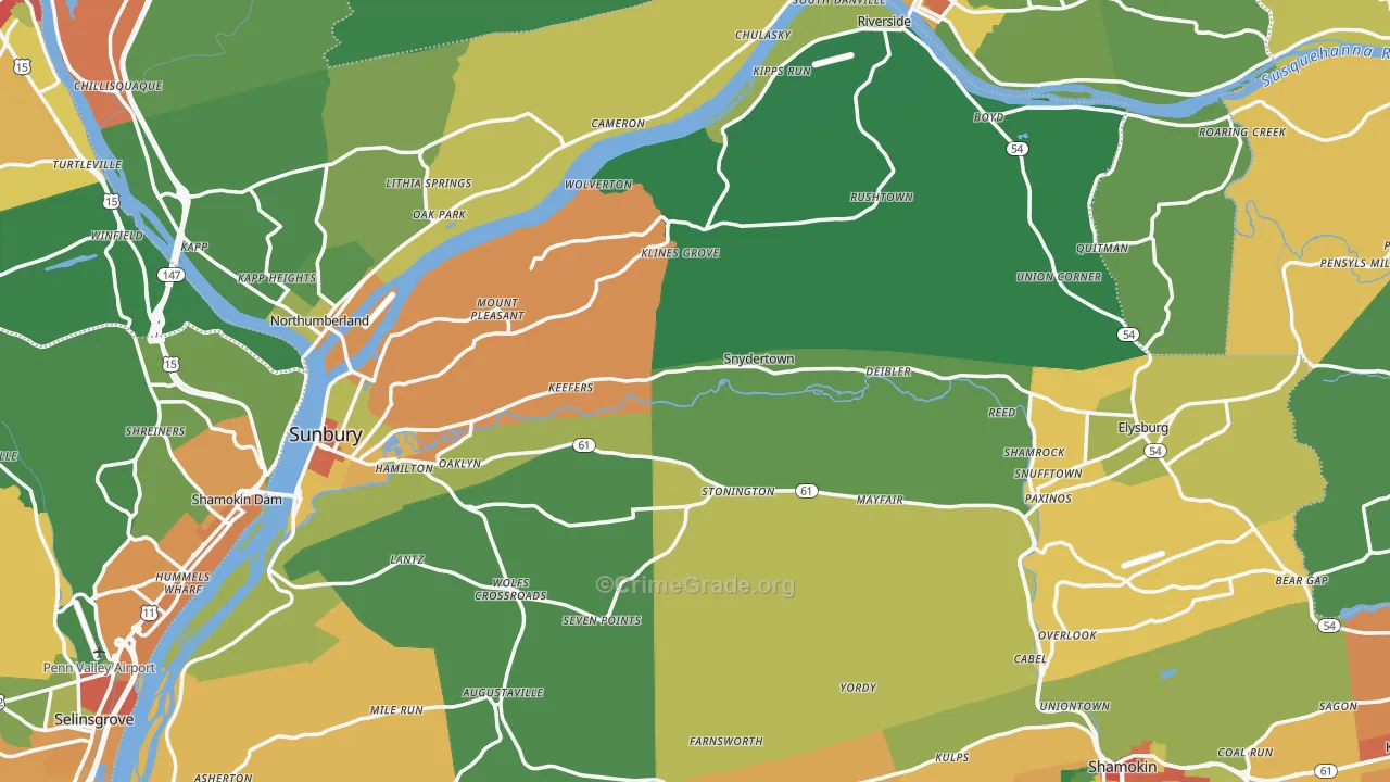 Northumberland County, PA Map of Theft Rates