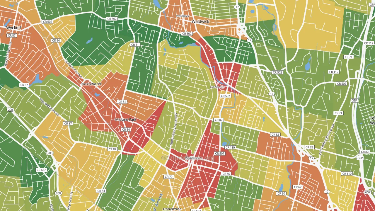 Northwest Ridgewood, Ridgewood, NJ Map of Theft Rates