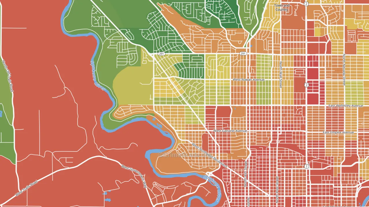 Northwest Spokane, Spokane, WA Map of Theft Rates