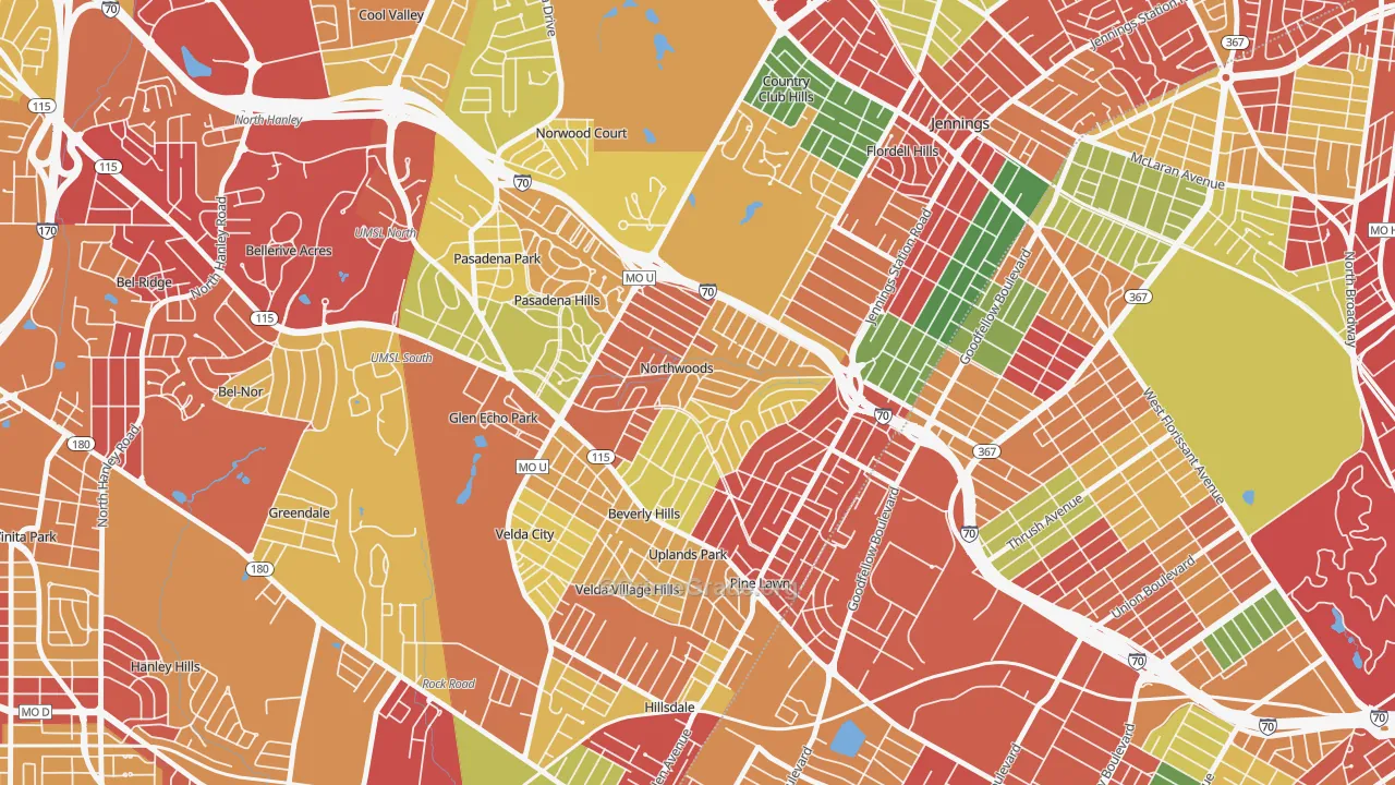 Northwoods, MO Map of Theft Rates