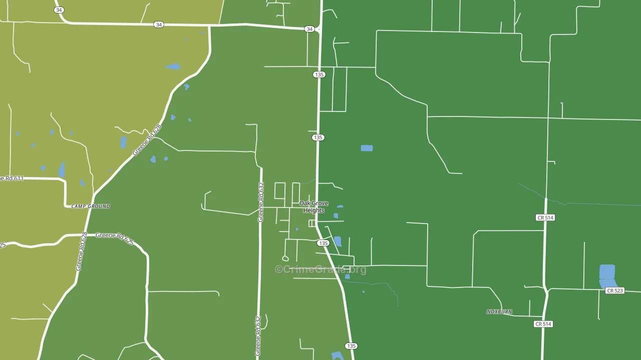 Oak Grove Heights, AR Map of Theft Rates