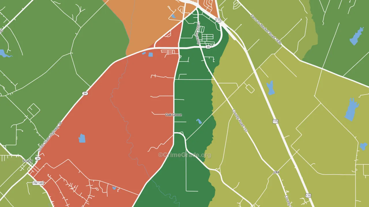 Oak Grove, TX Map of Theft Rates
