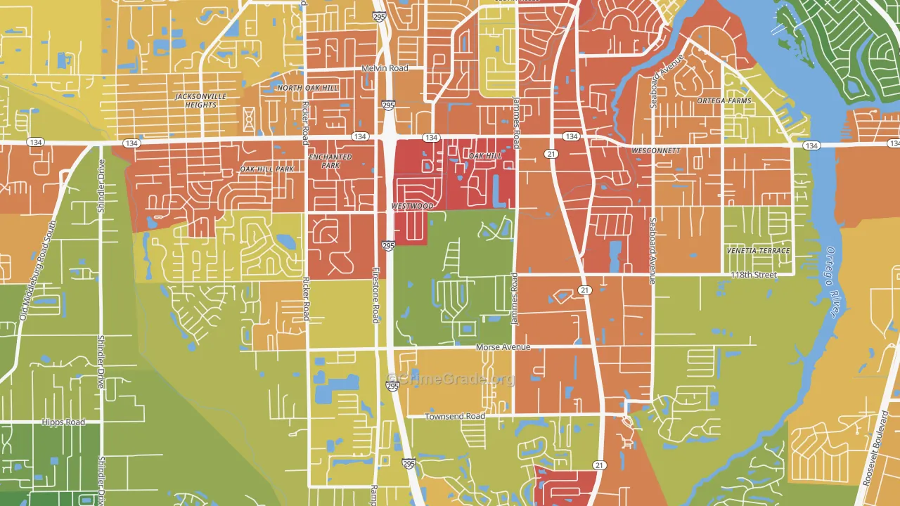 Oak Hill, Jacksonville, FL Map of Theft Rates