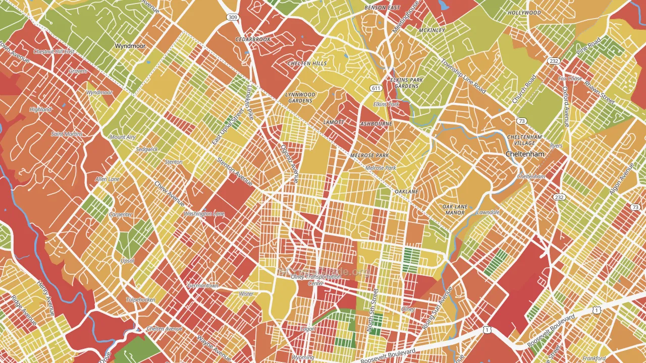 Oak Lane, Philadelphia, PA Map of Theft Rates