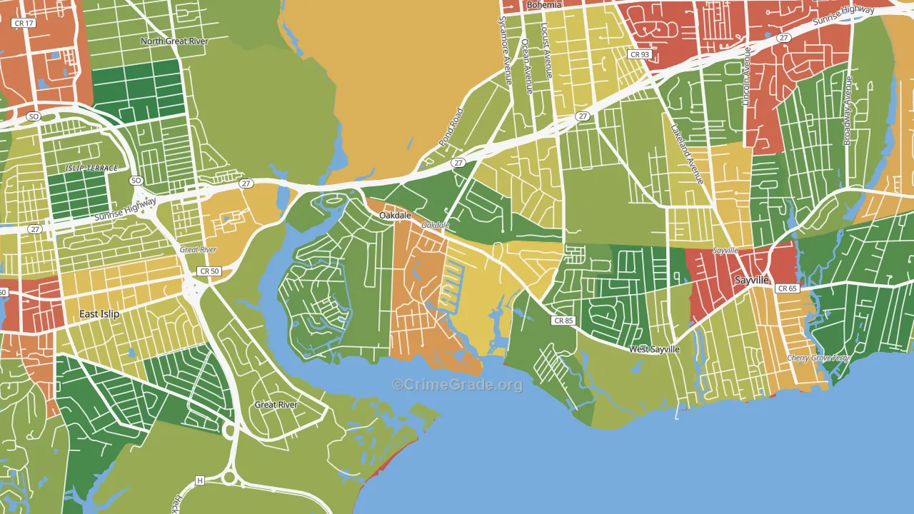Oakdale, NY Map of Theft Rates
