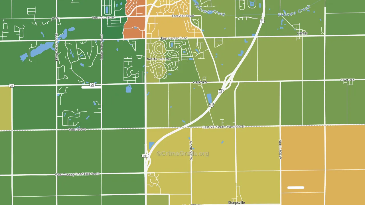 Oakford, IN Map of Theft Rates