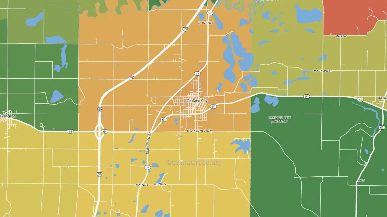 Oakland City, IN Map of Theft Rates