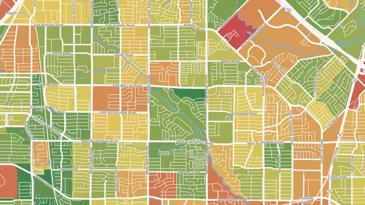 Oakridge, Garland, TX Map of Theft Rates