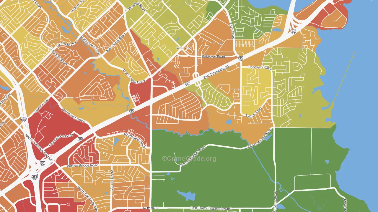 Oaks, Garland, TX Map of Theft Rates