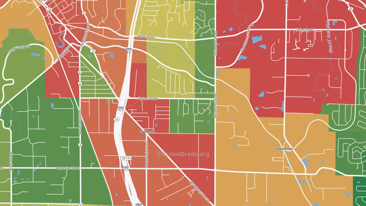 oakwood, Bedford, OH Map of Theft Rates