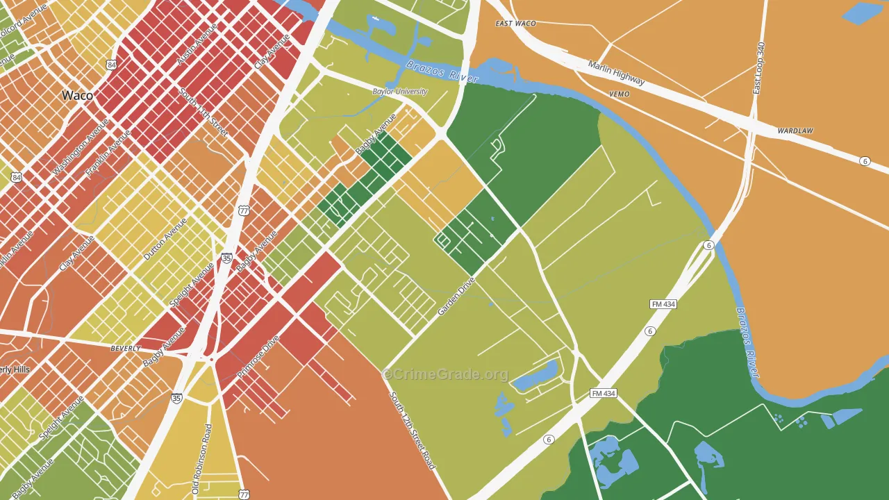Oakwood, Waco, TX Map of Theft Rates
