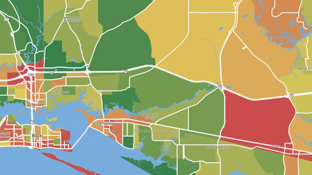 Ocean Springs, MS Map of Theft Rates