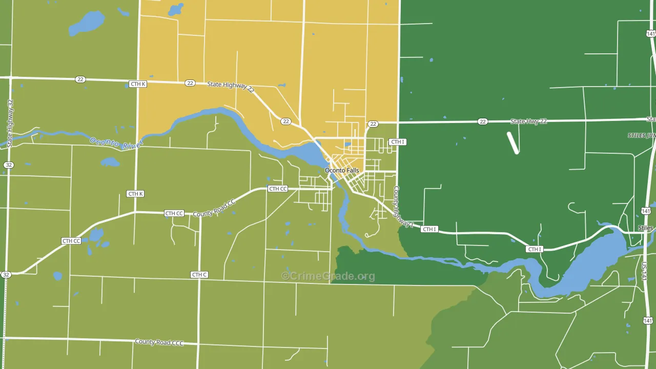Oconto Falls, WI Map of Theft Rates