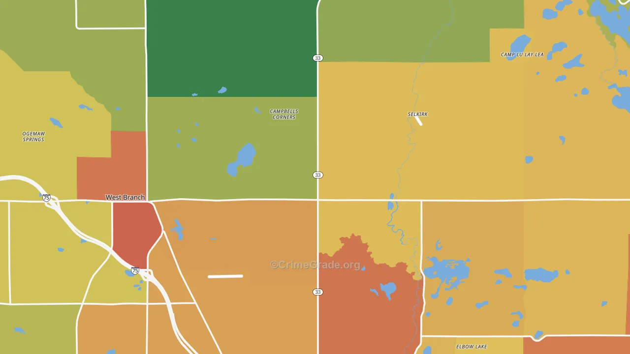 Ogemaw County, MI Map of Theft Rates