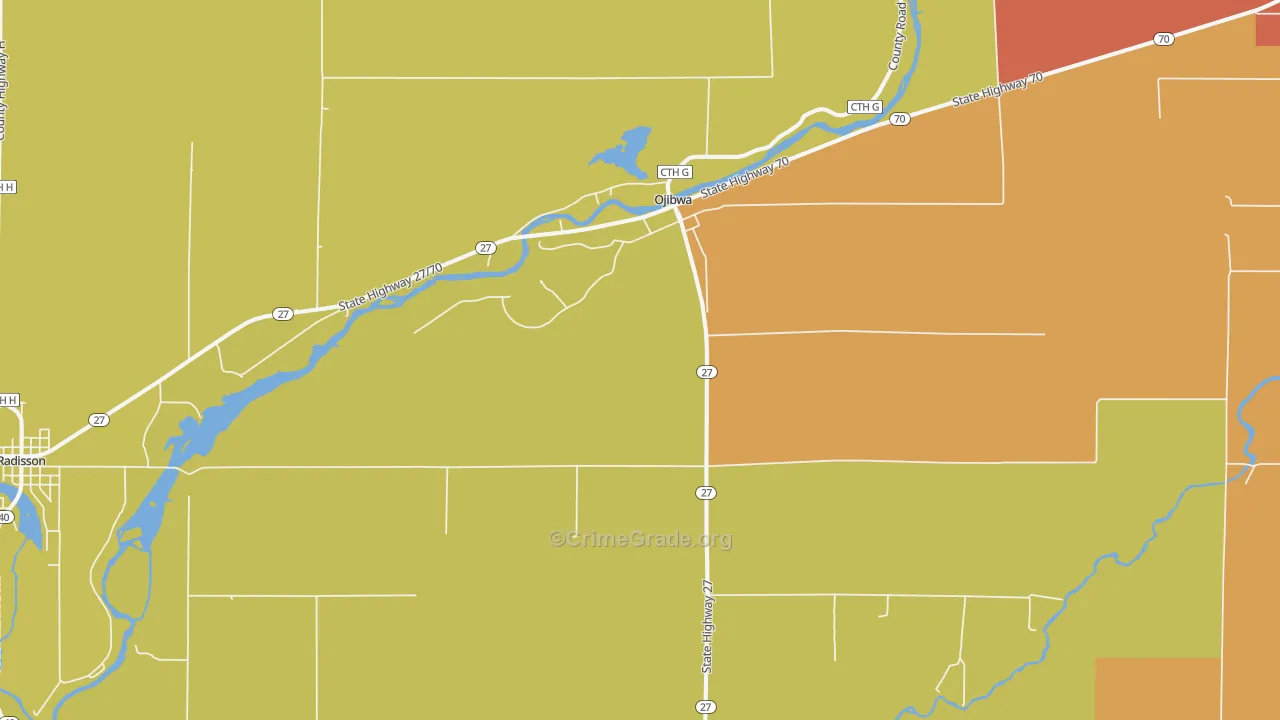 Ojibwa, WI Map of Theft Rates
