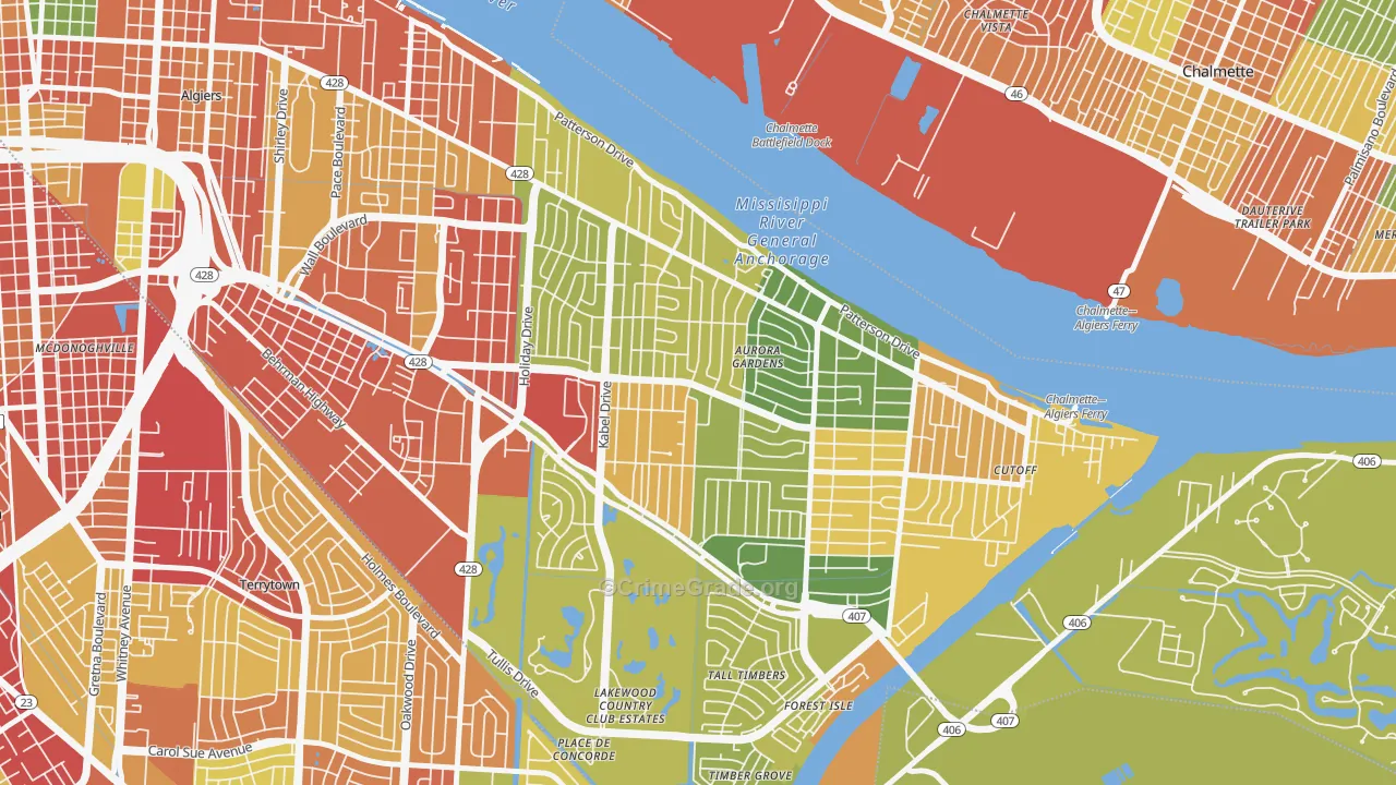 Old Aurora, New Orleans, LA Map of Theft Rates