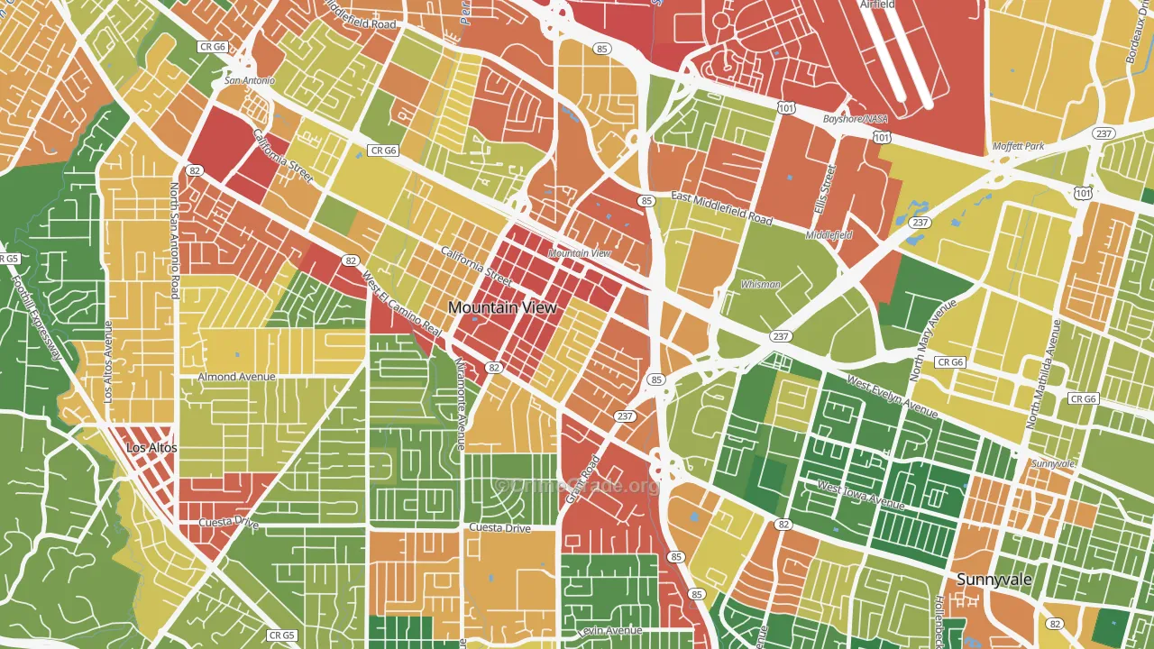 Old Mountain View, Mountain View, CA Map of Theft Rates