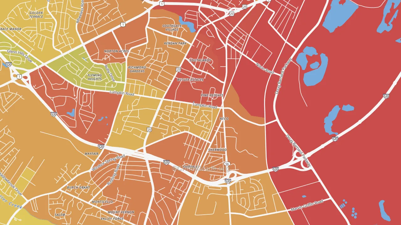 Old Savannah, Augusta, GA Map of Theft Rates