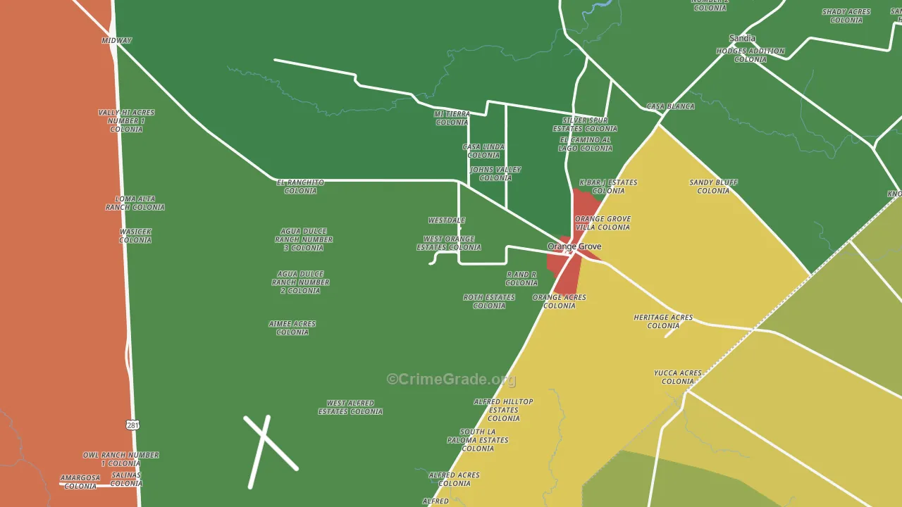 Orange Grove, TX Map of Theft Rates