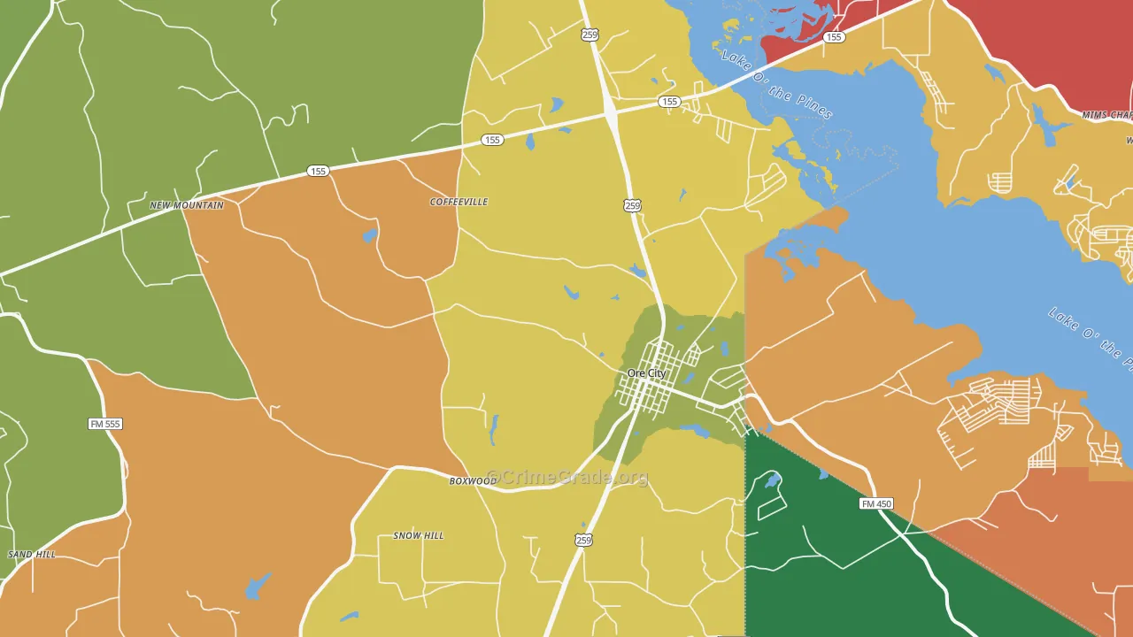 Ore City, TX Map of Theft Rates
