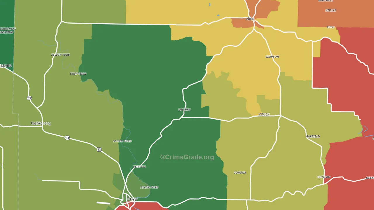 Oregon County, MO Map of Theft Rates
