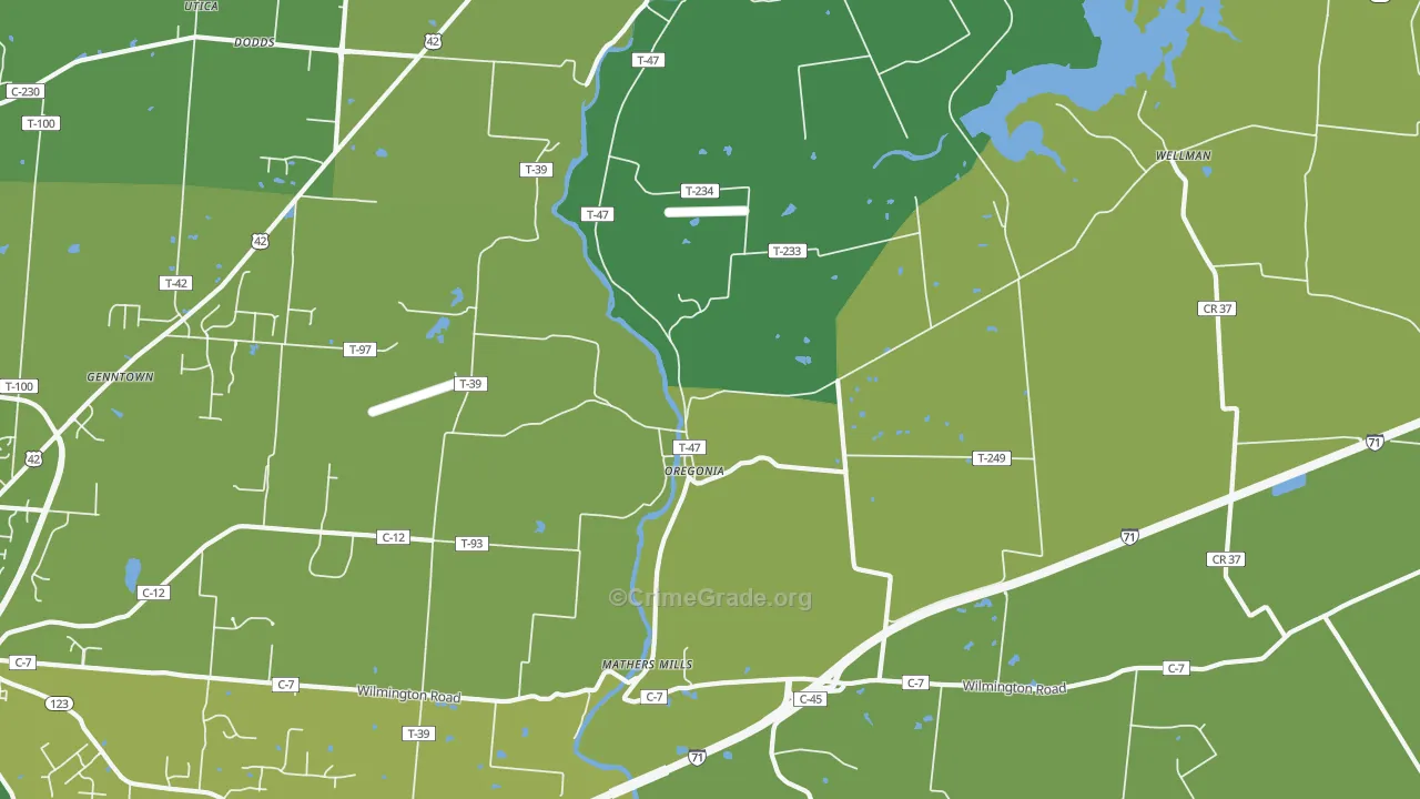 Oregonia, OH Map of Theft Rates