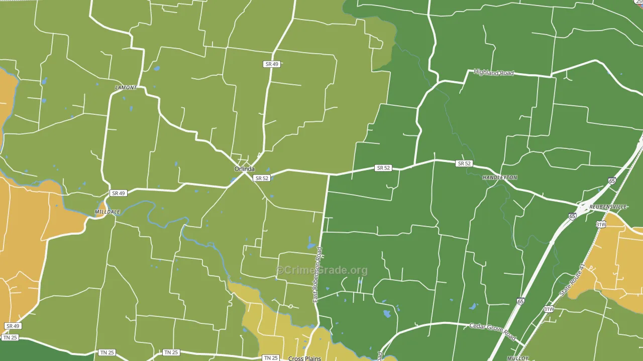 Orlinda, TN Map of Theft Rates