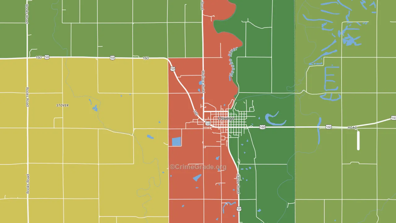 Oswego, KS Map of Theft Rates