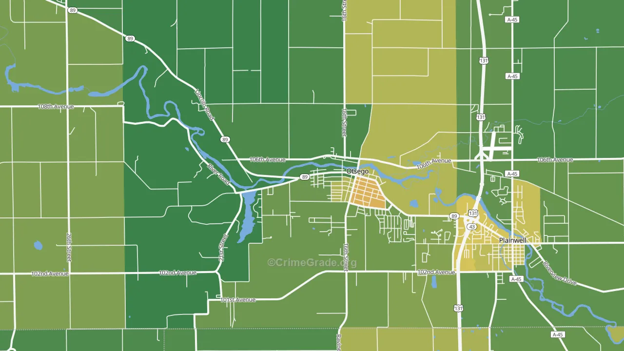 Otsego, MI Map of Theft Rates
