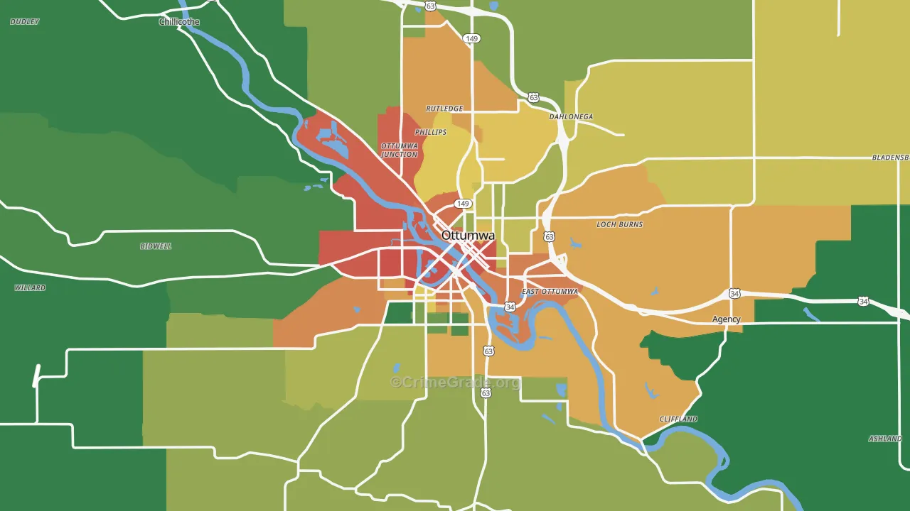 Ottumwa, IA Map of Theft Rates