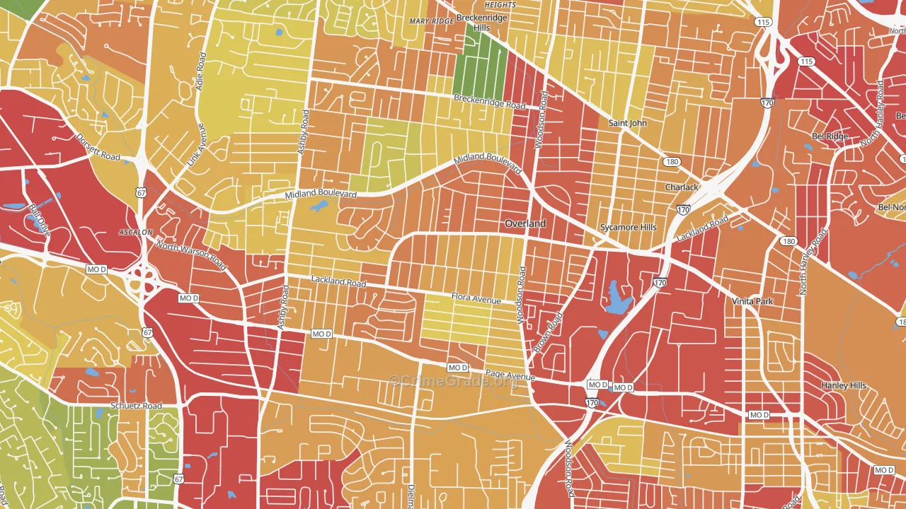 Overland, MO Map of Theft Rates
