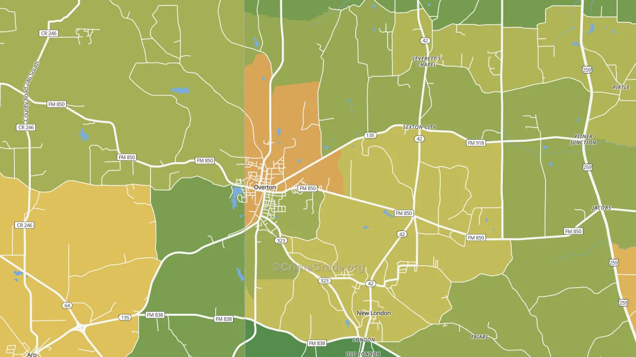 Overton, TX Map of Theft Rates