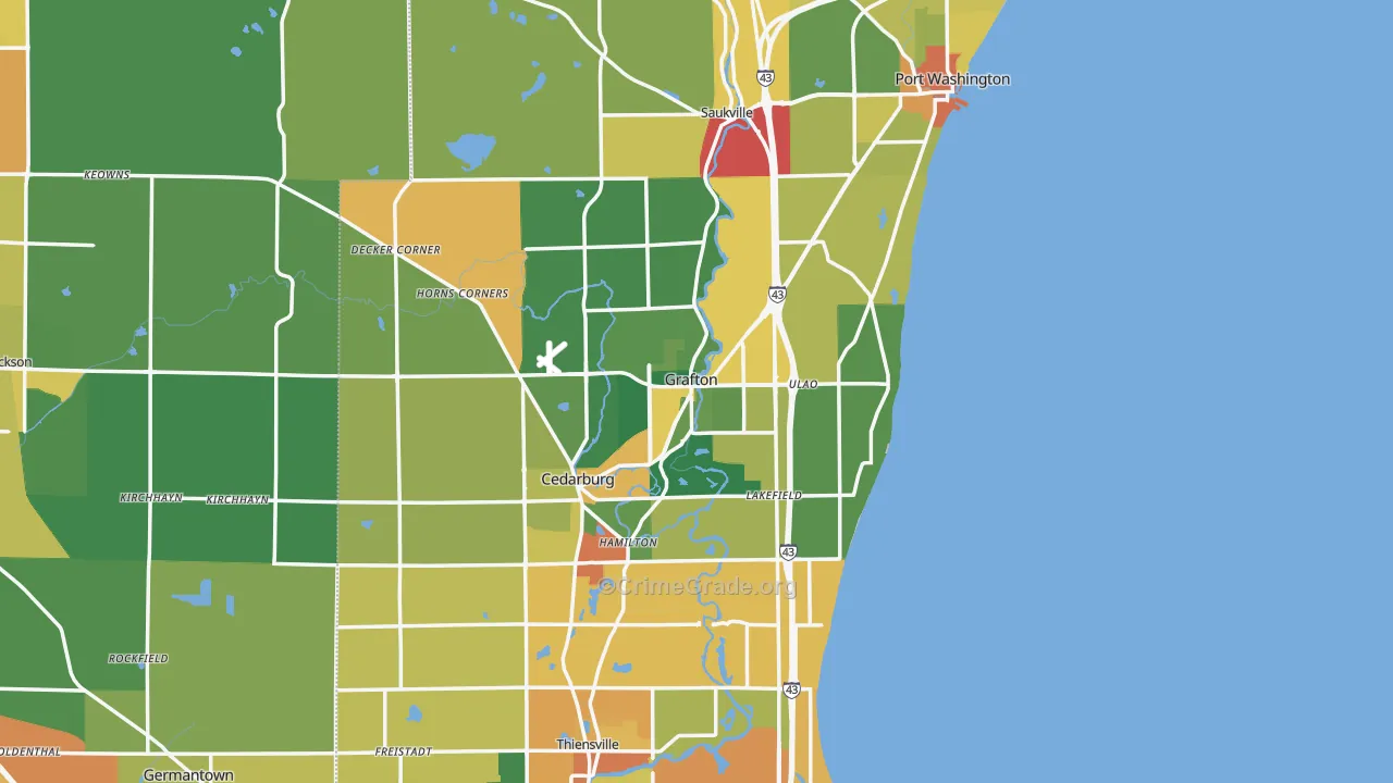 Ozaukee County, WI Map of Theft Rates