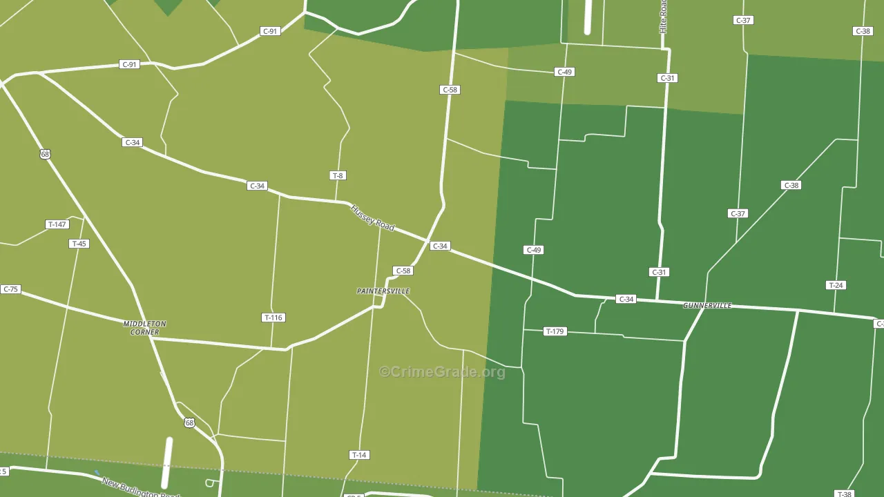 Paintersville, OH Map of Theft Rates