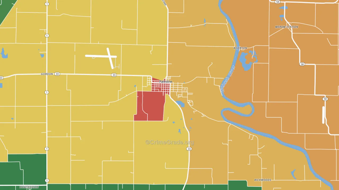 Palestine, IL Map of Theft Rates