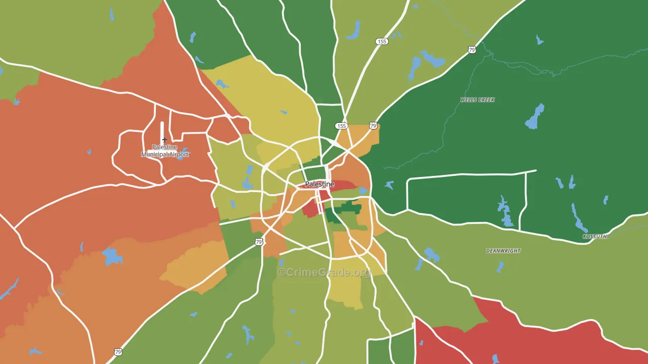 Palestine, TX Map of Theft Rates
