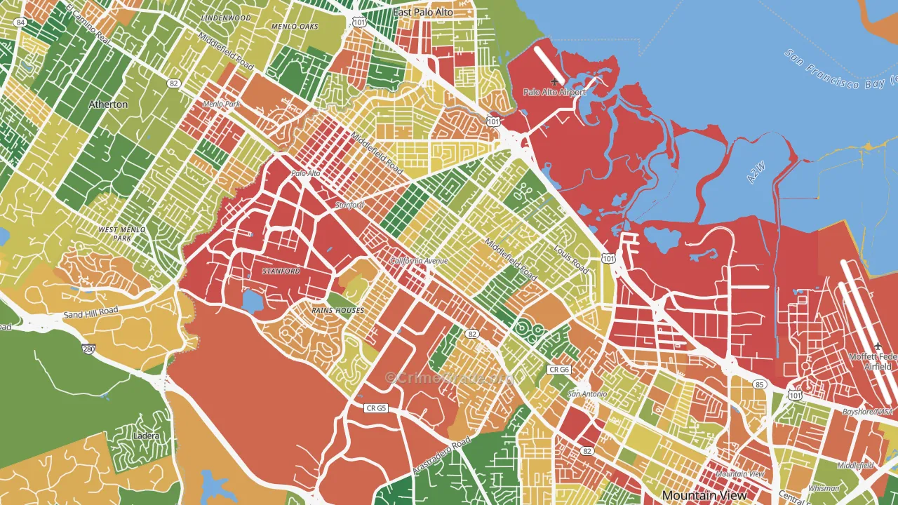 Palo Alto, CA Map of Theft Rates