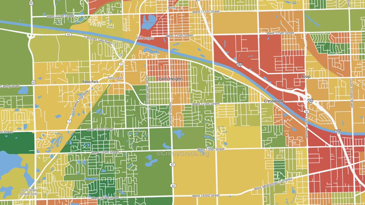 Palos Heights, IL Map of Theft Rates
