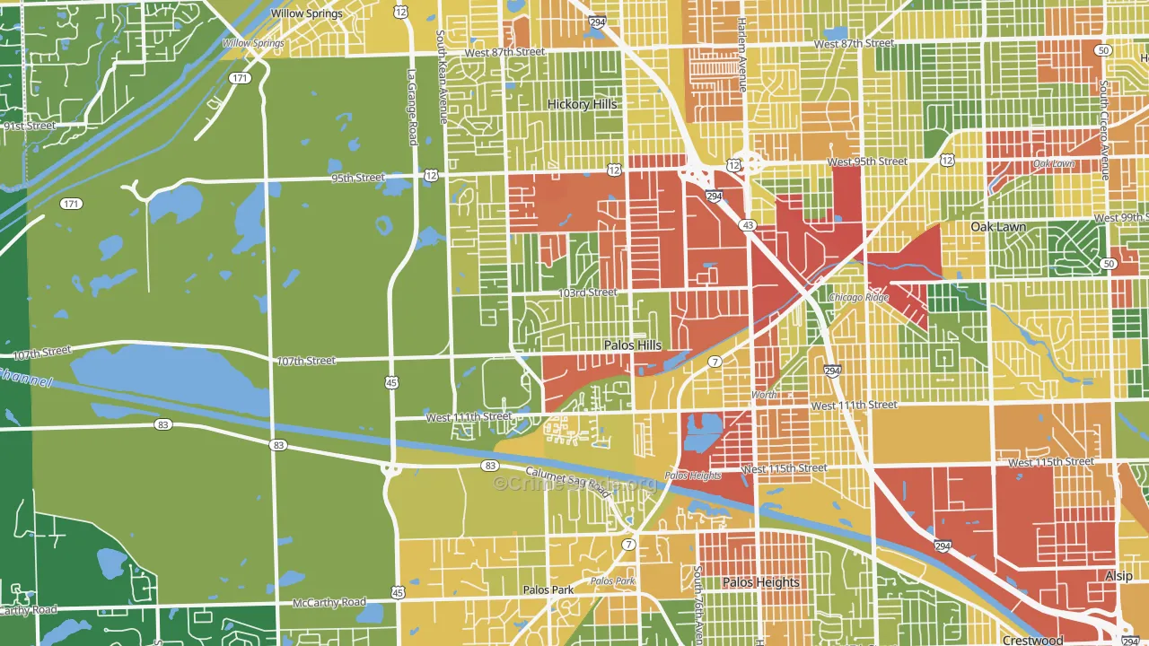 Palos Hills, IL Map of Theft Rates