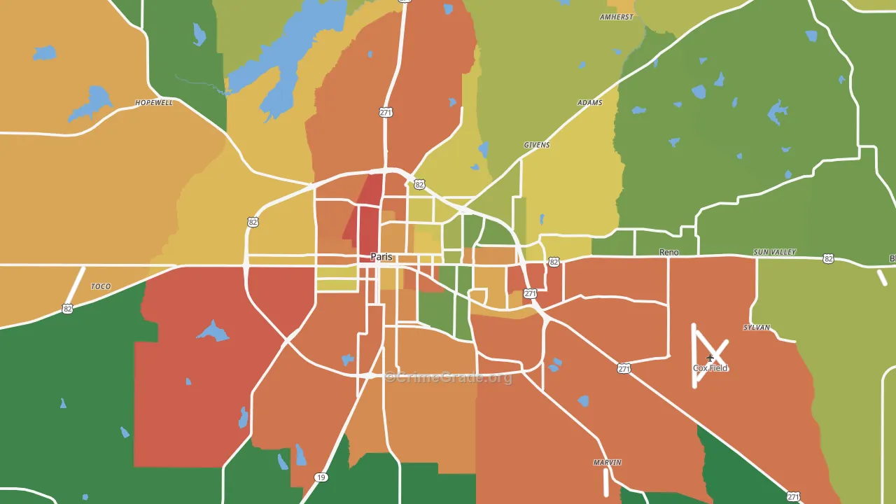 Paris, TX Map of Theft Rates