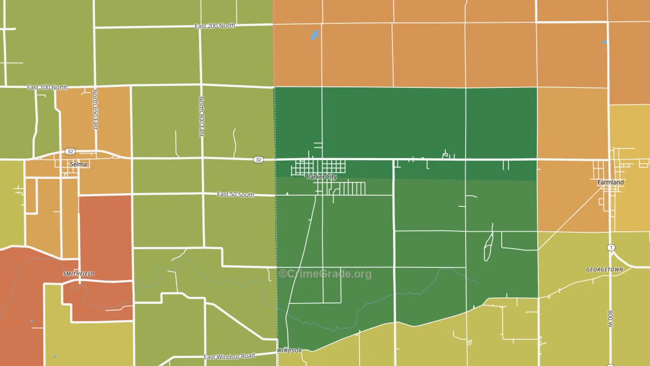 Parker City, IN Map of Theft Rates