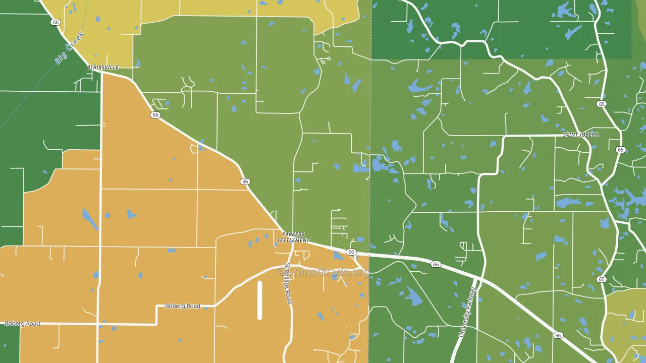 Parkers Settlement, IN Map of Theft Rates
